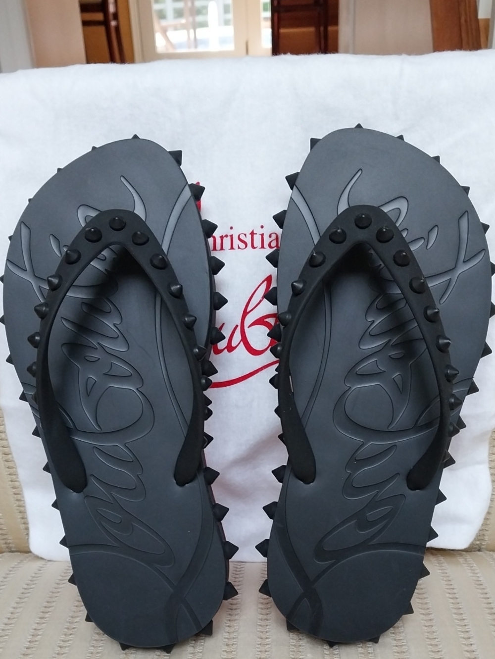 Christian Louboutin Black Studded Rubber Flip-Flops for Women